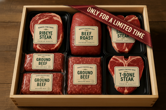 can you create a product picture of a box of grass finished beef products like 1 ribeye, 1 roast, 1 sirloin or skirt/flank, 1 T-bone, 6 ground beef?